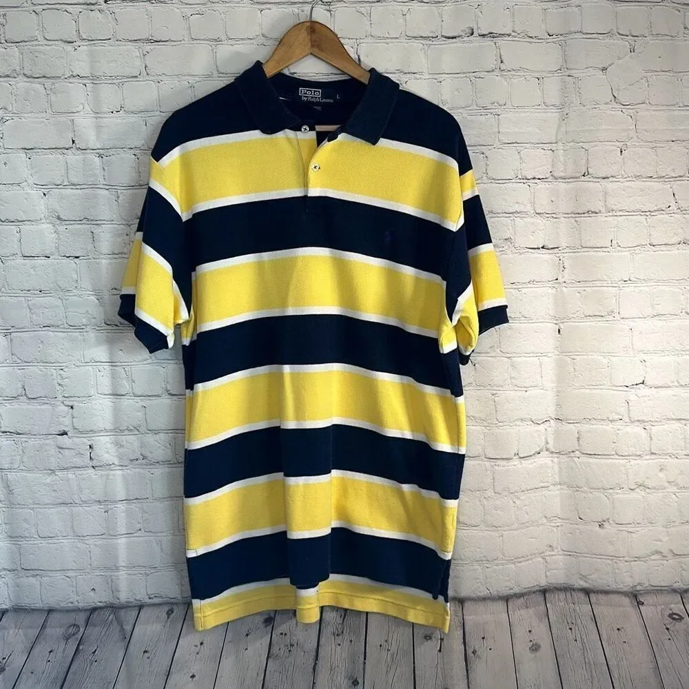 Polo Ralph Lauren Mens Yellow Blue Striped Sweater Short Sleeve Polo size L Larg